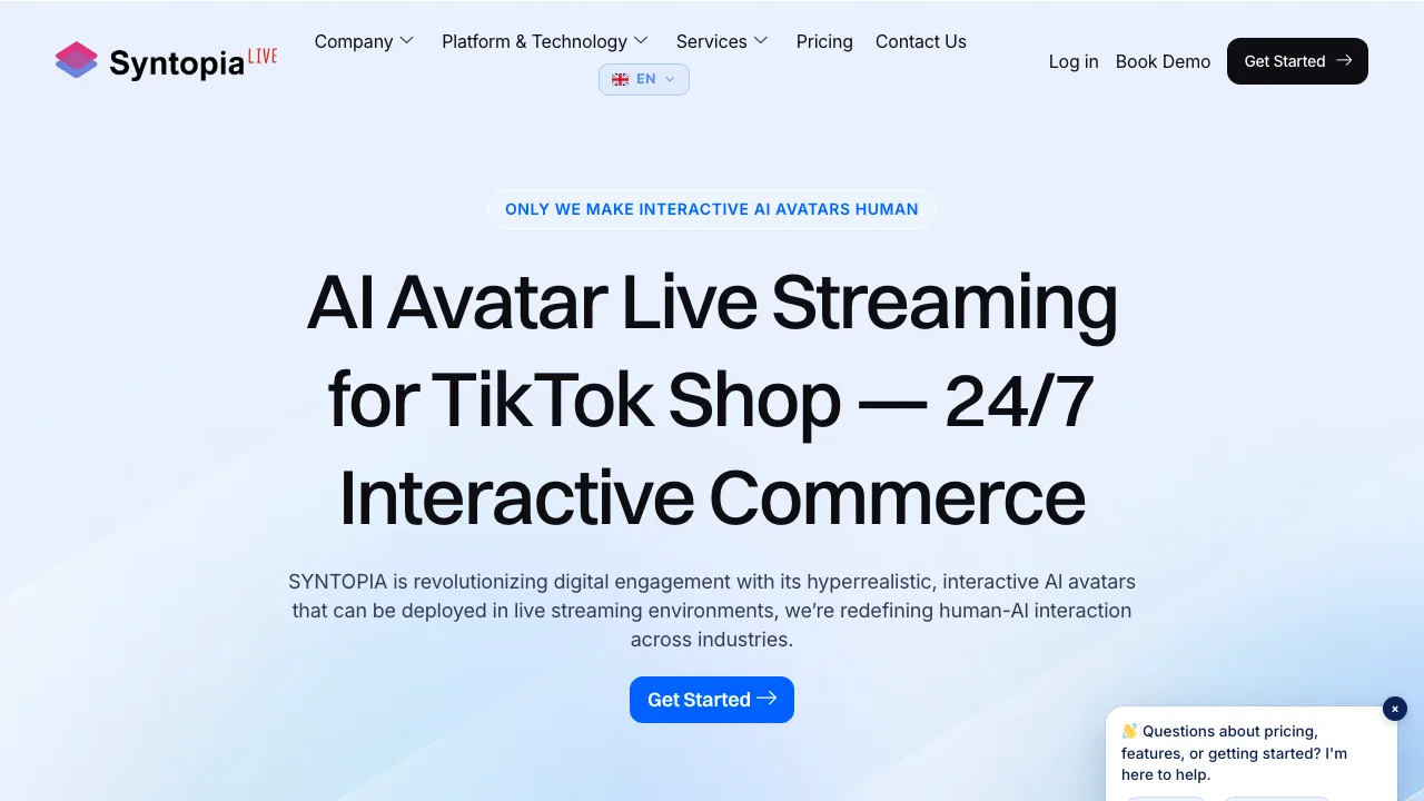Syntopia's homepage: 'AI Avatar Live Streaming for TikTok Shop — 24/7 Interactive Commerce'